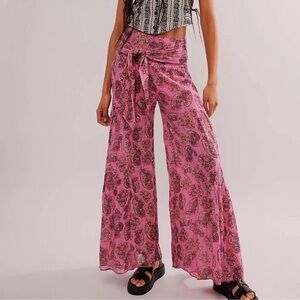 Free People FP One Good Day Printed Wide-Leg Pants Pink Combo Paisley